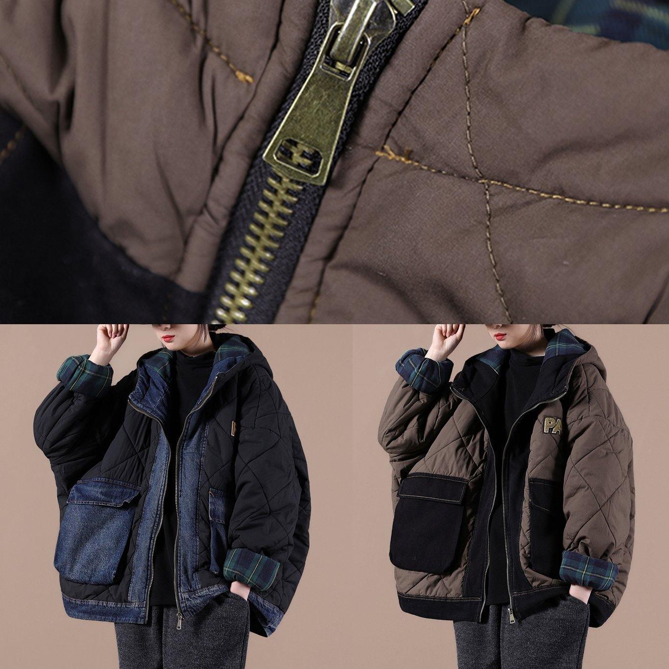 Casual oversize warm winter coat chocolate hooded patchwork plaid Parkas for women - Down Jackets - DYAVOR®
