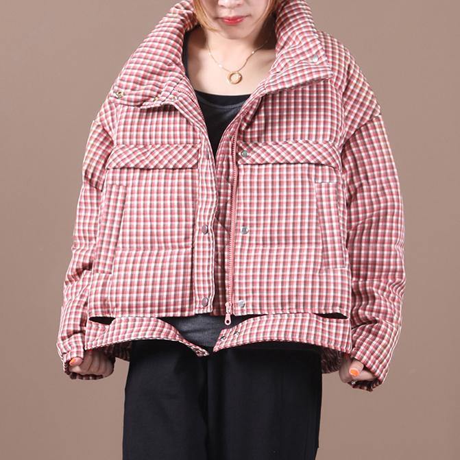 Casual plus size snow jackets red plaid stand collar down jacket woman - - DYAVOR®