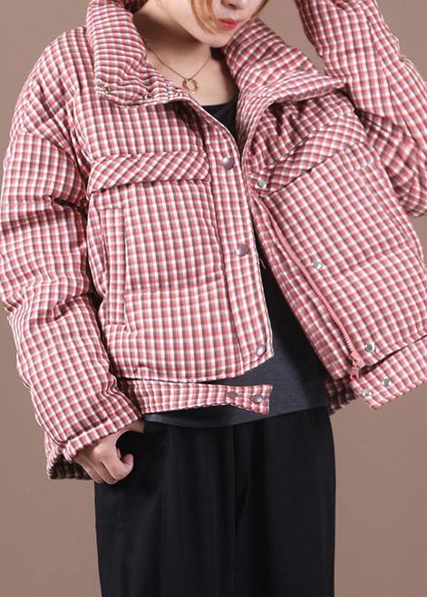 Casual plus size snow jackets red plaid stand collar down jacket woman - - DYAVOR®