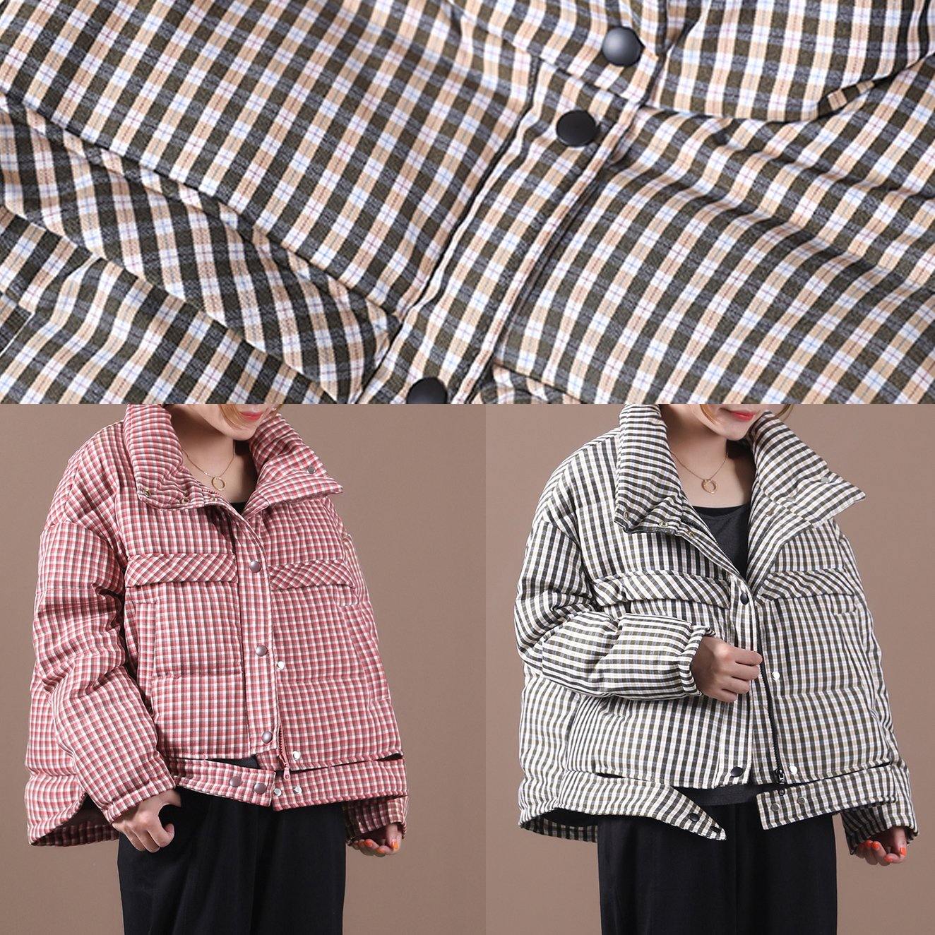 Casual plus size snow jackets red plaid stand collar down jacket woman - - DYAVOR®
