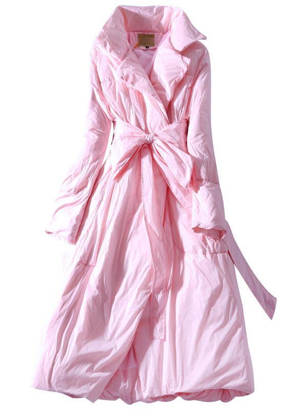 Casual winter jacket tie waist coats pink lapel collar warm winter coat - - DYAVOR®