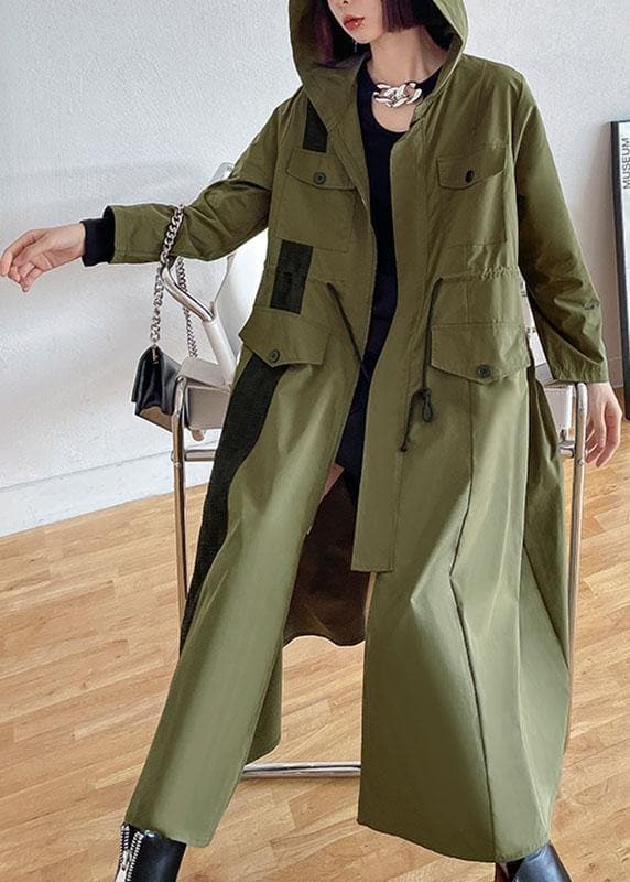 Chic Army Green Pockets Patchwork Button Zippered Fall Tie Waist Hooded Coat Long Sleeve - Trench coats - DYAVOR®