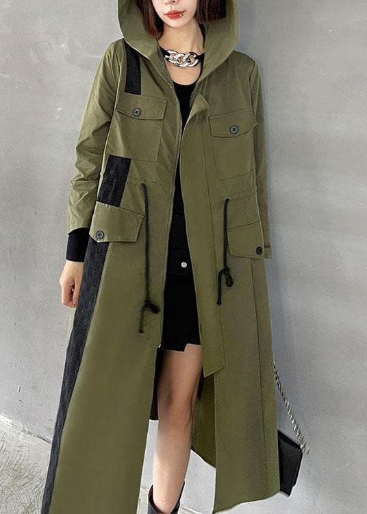 Chic Army Green Pockets Patchwork Button Zippered Fall Tie Waist Hooded Coat Long Sleeve - Trench coats - DYAVOR®
