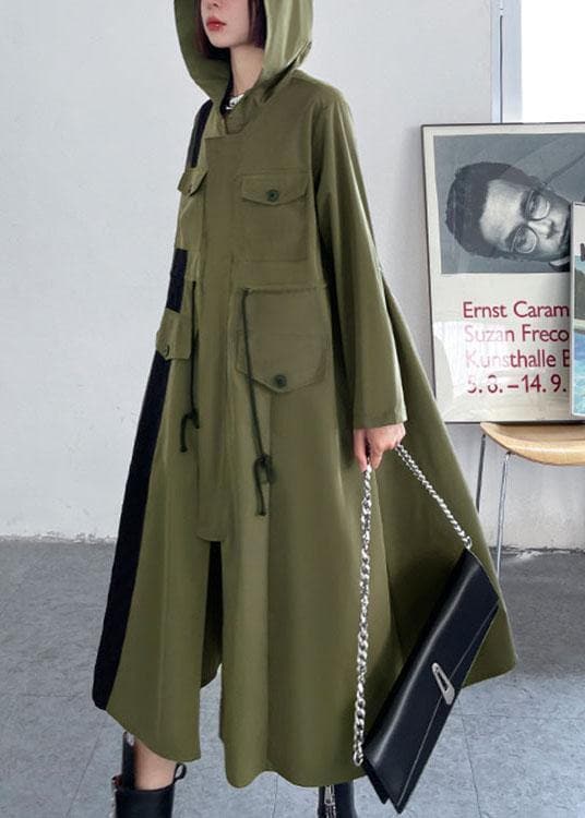 Chic Army Green Pockets Patchwork Button Zippered Fall Tie Waist Hooded Coat Long Sleeve - Trench coats - DYAVOR®