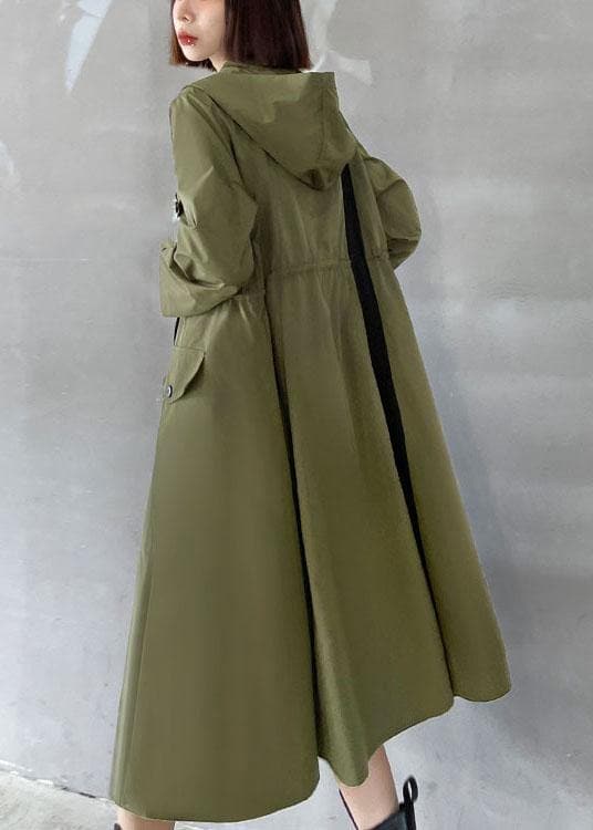 Chic Army Green Pockets Patchwork Button Zippered Fall Tie Waist Hooded Coat Long Sleeve - Trench coats - DYAVOR®