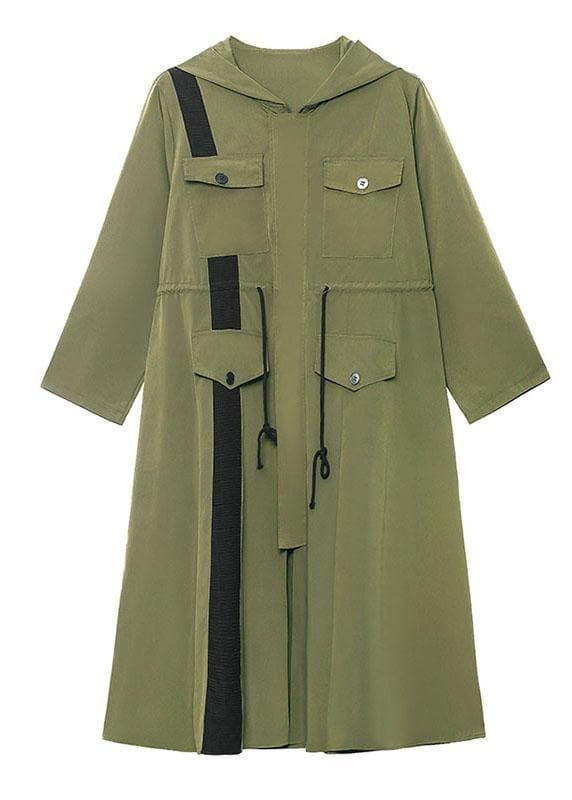 Chic Army Green Pockets Patchwork Button Zippered Fall Tie Waist Hooded Coat Long Sleeve - Trench coats - DYAVOR®