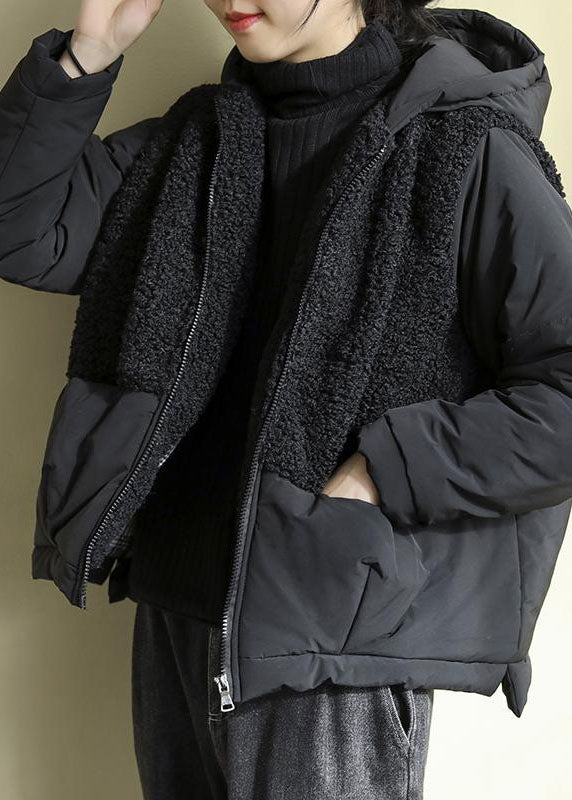 Chic Black Hooded Patchwork Zippered Faux Fur Parkas Winter - Down Jackets - DYAVOR®