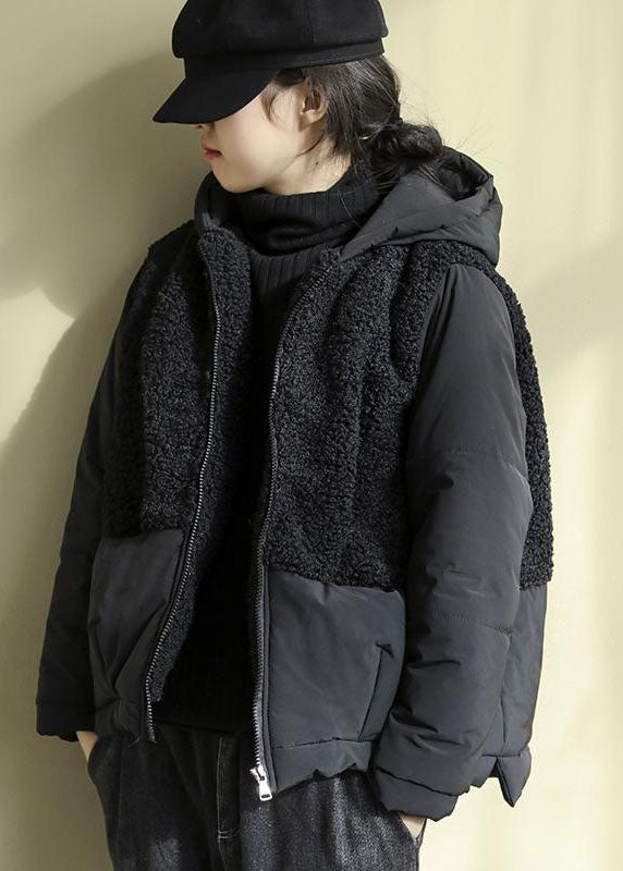 Chic Black Hooded Patchwork Zippered Faux Fur Parkas Winter - Down Jackets - DYAVOR®