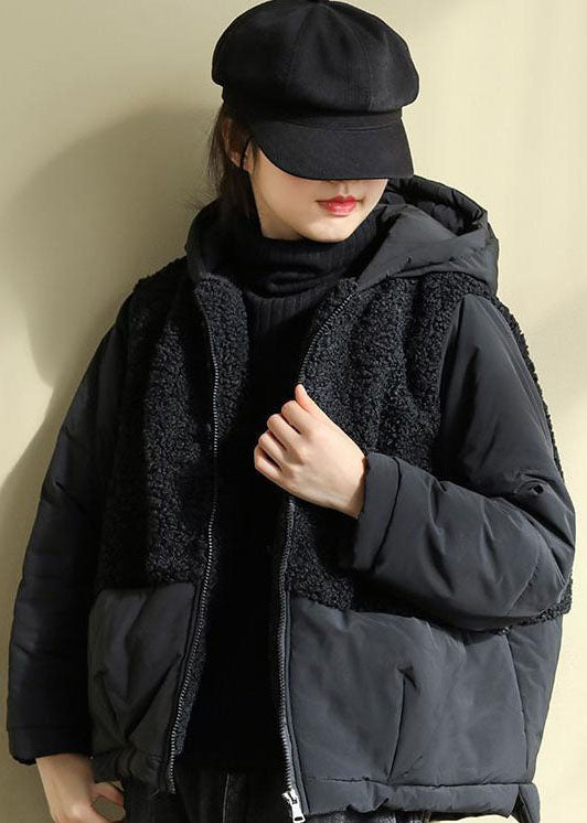 Chic Black Hooded Patchwork Zippered Faux Fur Parkas Winter - Down Jackets - DYAVOR®