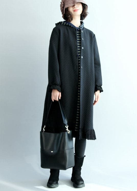 Chic Black Ruffled Button Cotton trench coats Spring - Trench coats - DYAVOR®
