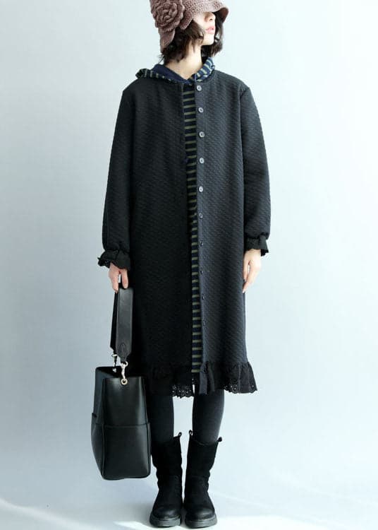 Chic Black Ruffled Button Cotton trench coats Spring - Trench coats - DYAVOR®
