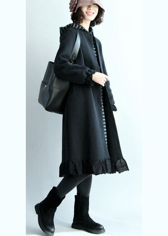 Chic Black Ruffled Button Cotton trench coats Spring - Trench coats - DYAVOR®