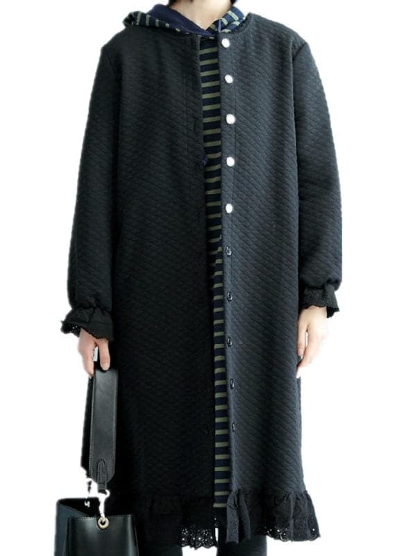 Chic Black Ruffled Button Cotton trench coats Spring - Trench coats - DYAVOR®