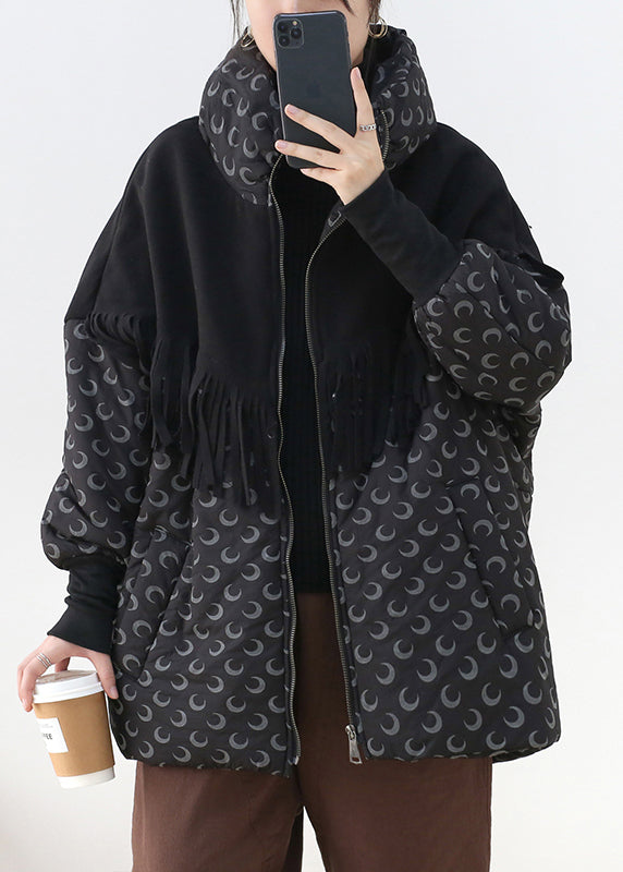 Chic Black Stand Collar Zippered Pockets Print Cotton parka Long Sleeve - Down Jackets - DYAVOR®