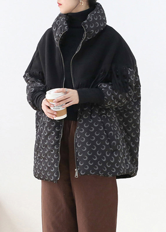 Chic Black Stand Collar Zippered Pockets Print Cotton parka Long Sleeve - Down Jackets - DYAVOR®