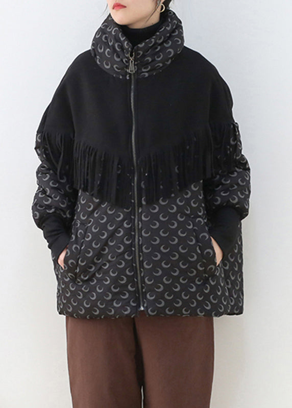 Chic Black Stand Collar Zippered Pockets Print Cotton parka Long Sleeve - Down Jackets - DYAVOR®