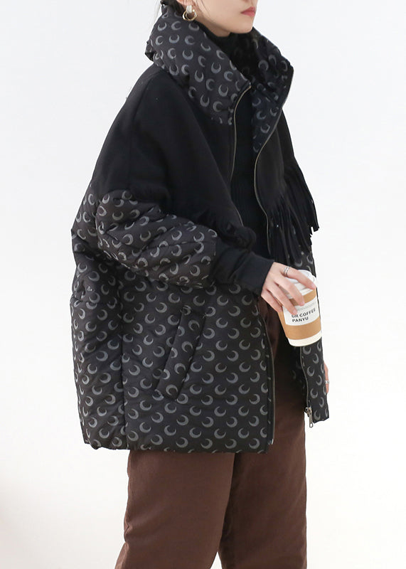 Chic Black Stand Collar Zippered Pockets Print Cotton parka Long Sleeve - Down Jackets - DYAVOR®
