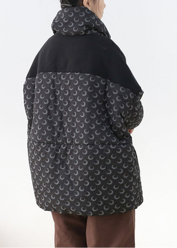 Chic Black Stand Collar Zippered Pockets Print Cotton parka Long Sleeve - Down Jackets - DYAVOR®