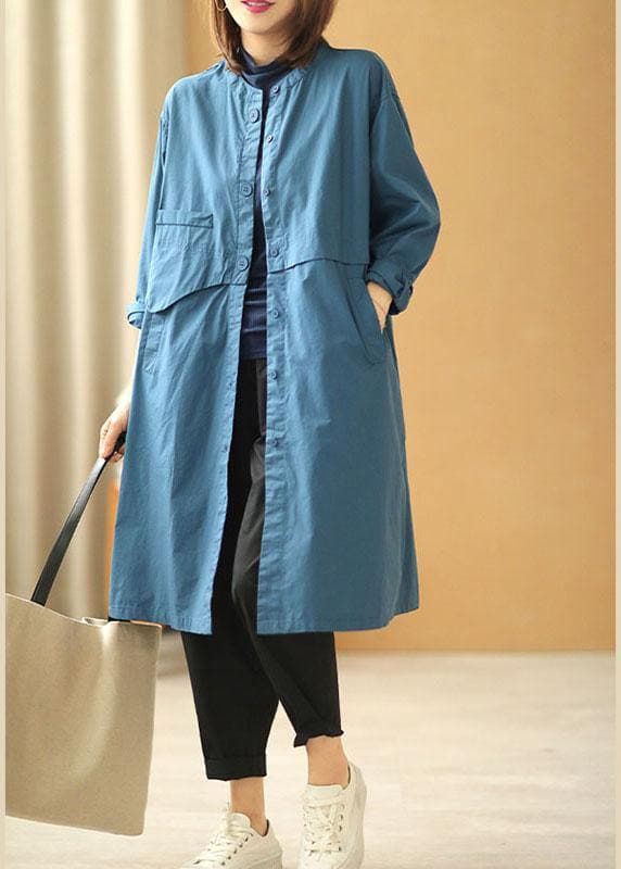 Chic Blue Stand Collar Button Pockets Fall Cotton Coats Long sleeve - Trench coats - DYAVOR®