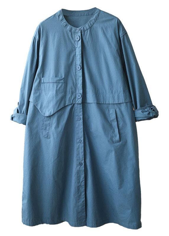 Chic Blue Stand Collar Button Pockets Fall Cotton Coats Long sleeve - Trench coats - DYAVOR®
