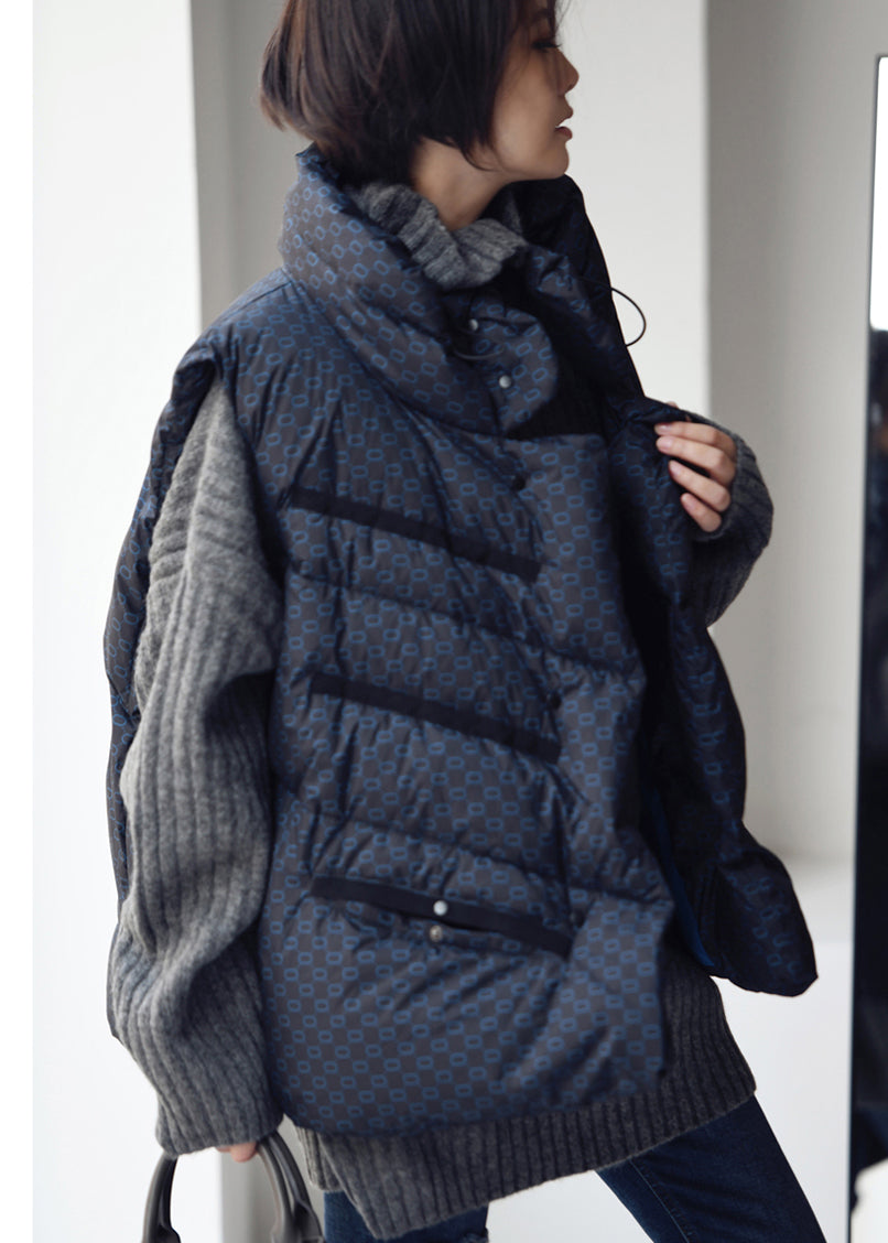 Chic Blue Stand Collar Drawstring Print Button Duck Down Filled Waistcoat Winter - Down Jackets - DYAVOR®