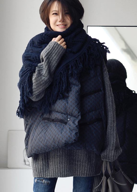 Chic Blue Stand Collar Drawstring Print Button Duck Down Filled Waistcoat Winter - Down Jackets - DYAVOR®