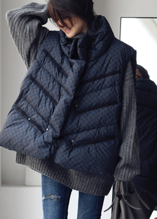 Chic Blue Stand Collar Drawstring Print Button Duck Down Filled Waistcoat Winter - Down Jackets - DYAVOR®