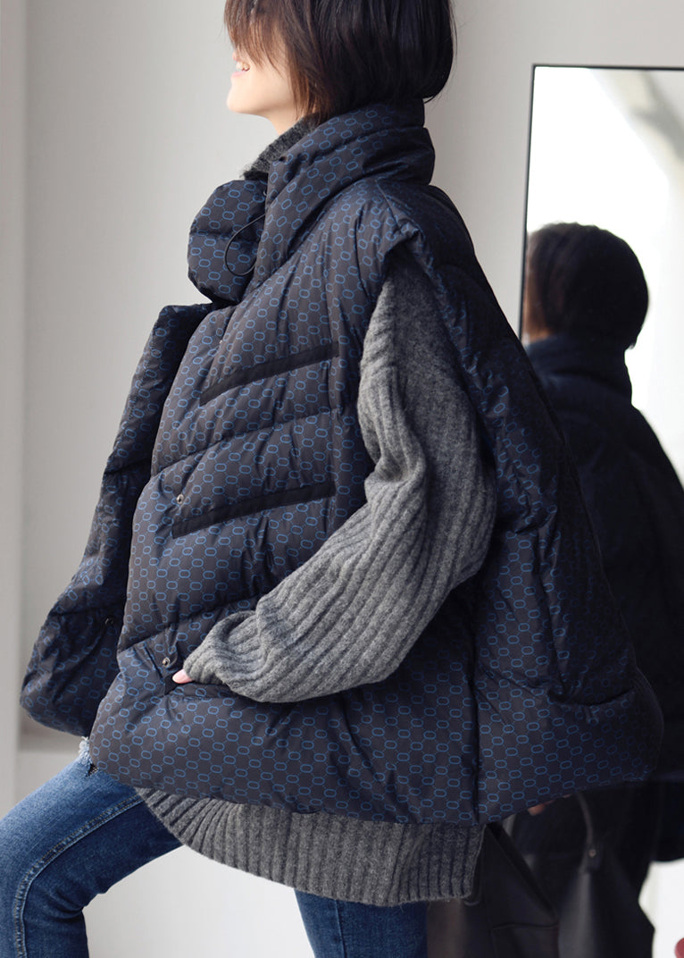 Chic Blue Stand Collar Drawstring Print Button Duck Down Filled Waistcoat Winter - Down Jackets - DYAVOR®
