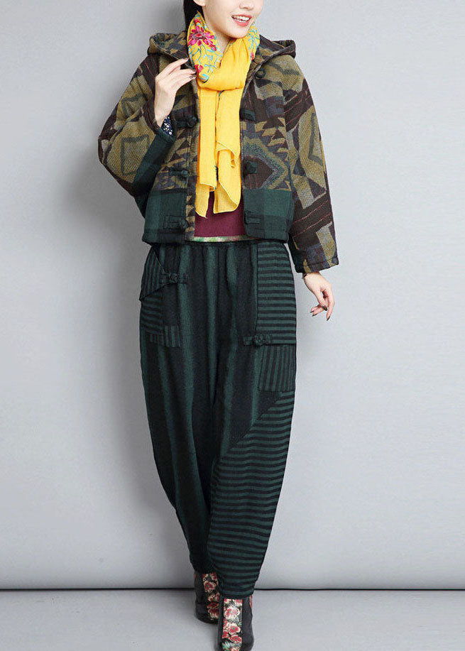 Chic Green Hooded Patchwork Oriental Button Fine Cotton Filled Jackets Winter - Down Jackets - DYAVOR®