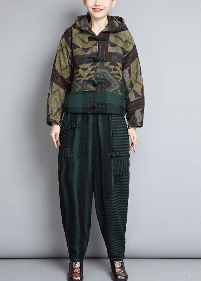 Chic Green Hooded Patchwork Oriental Button Fine Cotton Filled Jackets Winter - Down Jackets - DYAVOR®
