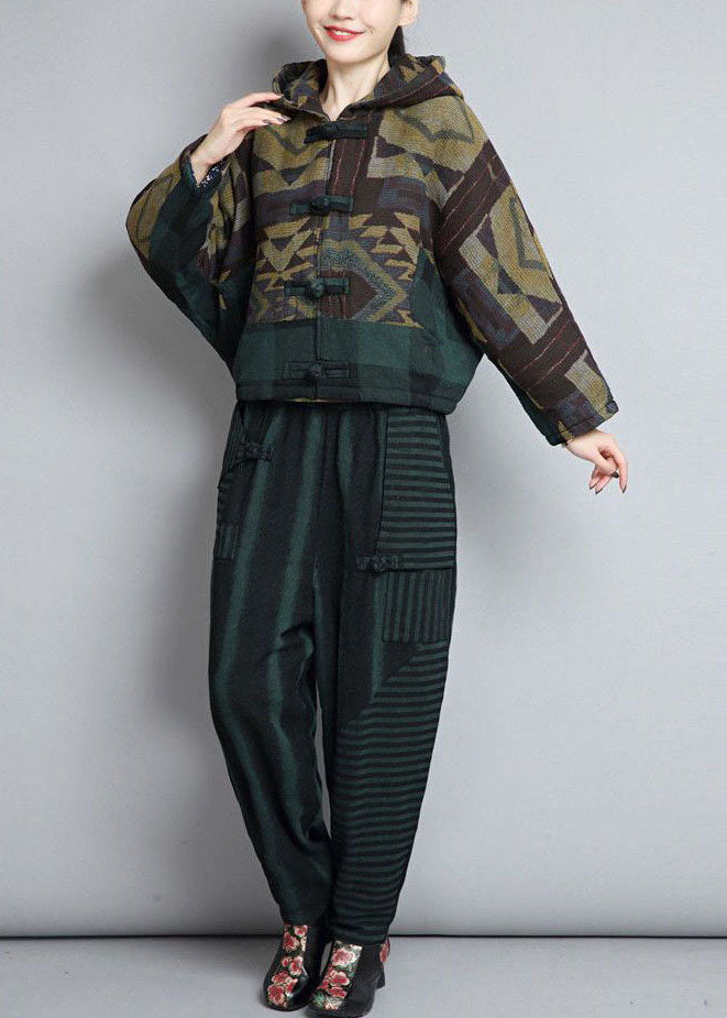 Chic Green Hooded Patchwork Oriental Button Fine Cotton Filled Jackets Winter - Down Jackets - DYAVOR®