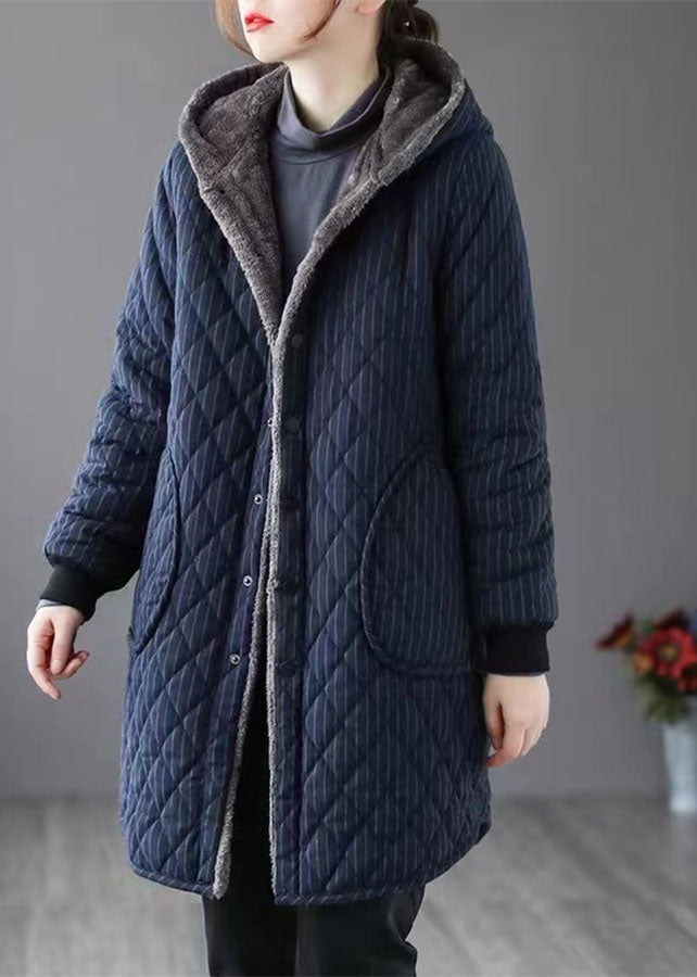Chic Navy Hooded Striped Warm Fleece Parka Winter - Down Jackets - DYAVOR®
