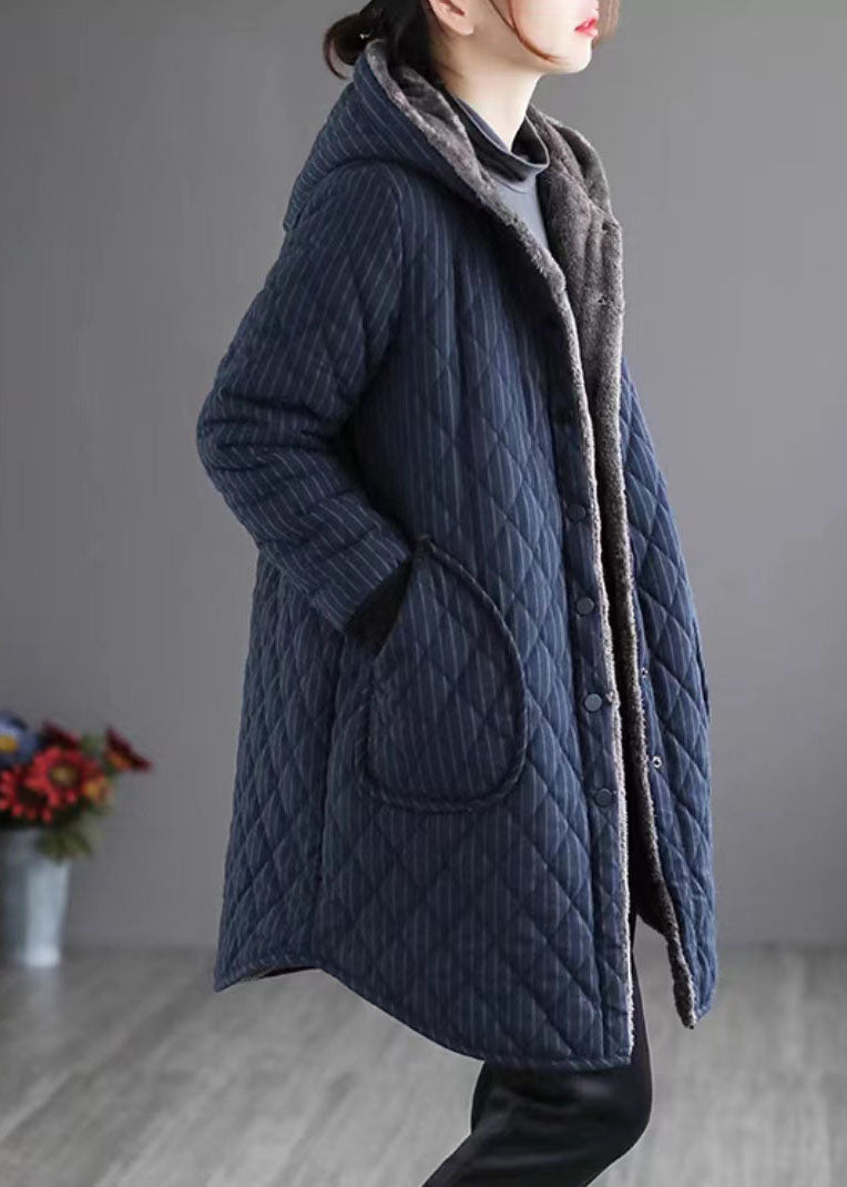 Chic Navy Hooded Striped Warm Fleece Parka Winter - Down Jackets - DYAVOR®