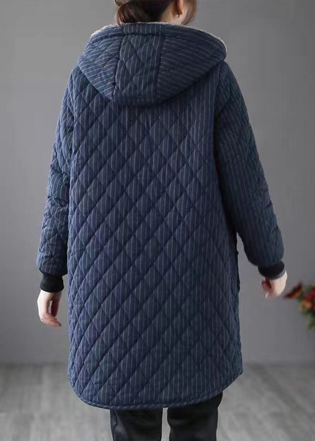 Chic Navy Hooded Striped Warm Fleece Parka Winter - Down Jackets - DYAVOR®