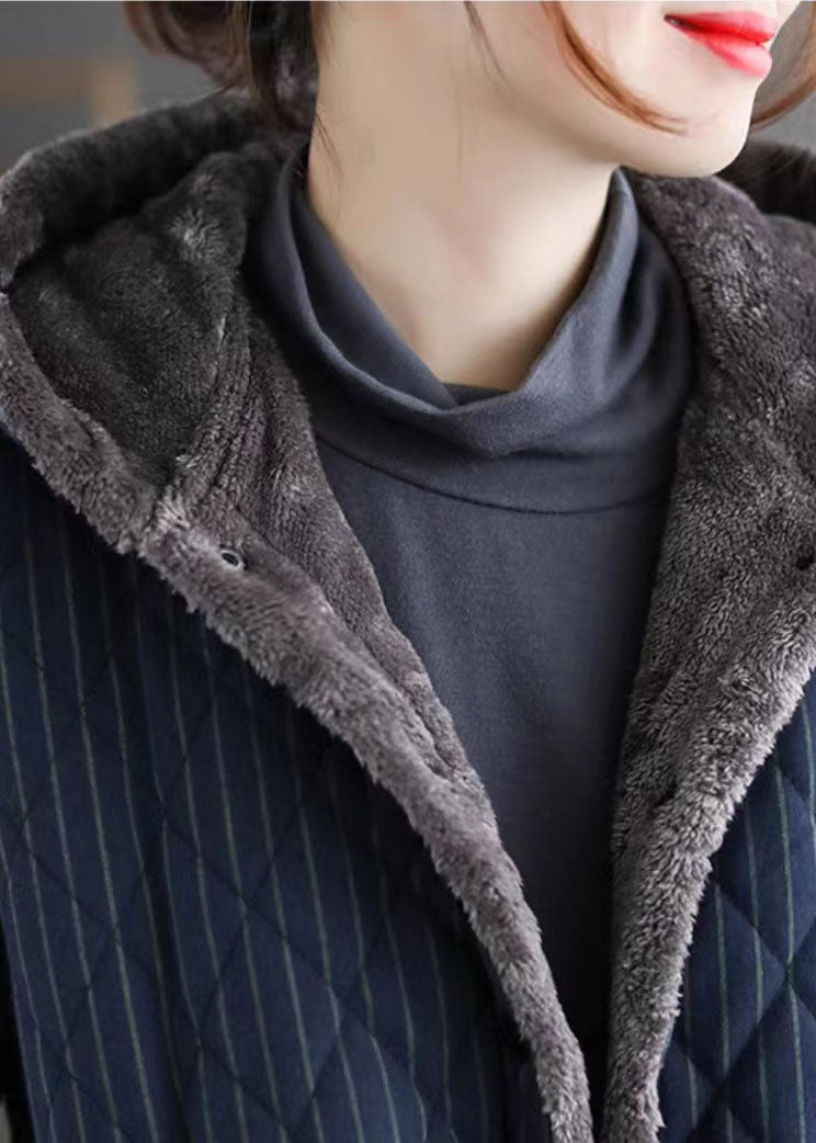 Chic Navy Hooded Striped Warm Fleece Parka Winter - Down Jackets - DYAVOR®