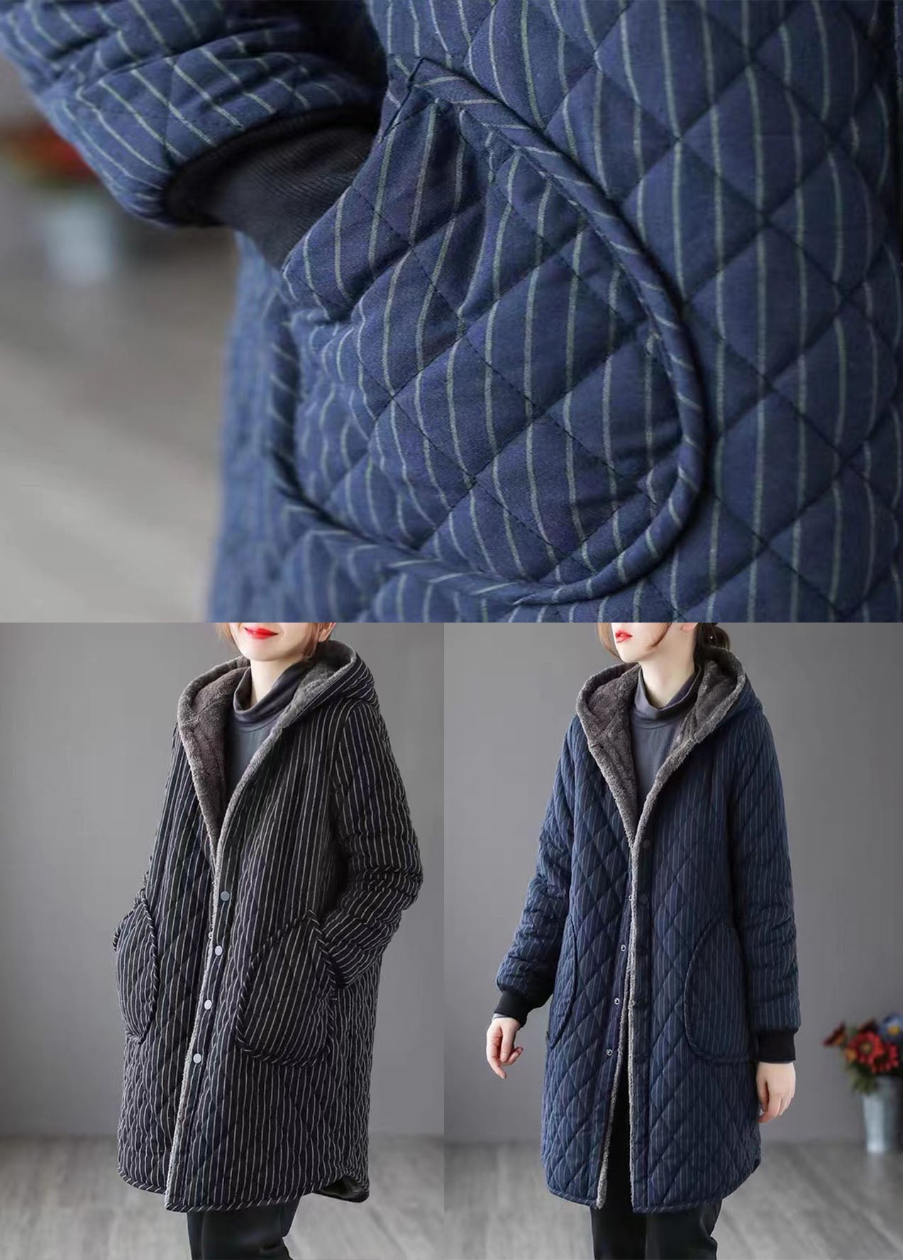 Chic Navy Hooded Striped Warm Fleece Parka Winter - Down Jackets - DYAVOR®