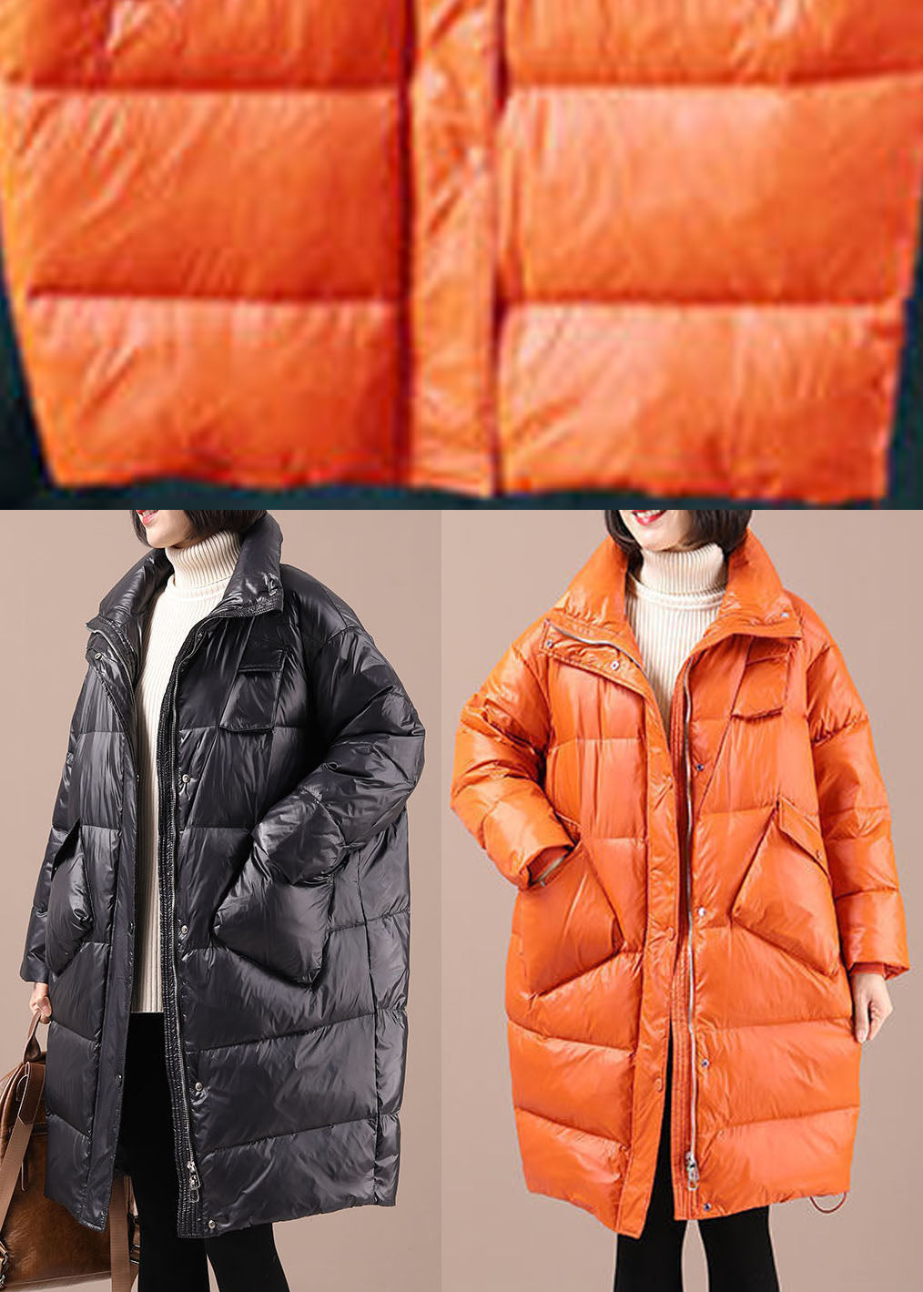 Chic Orange Loose Stand Collar Pockets Winter Duck Down Coats - Down Jackets - DYAVOR®