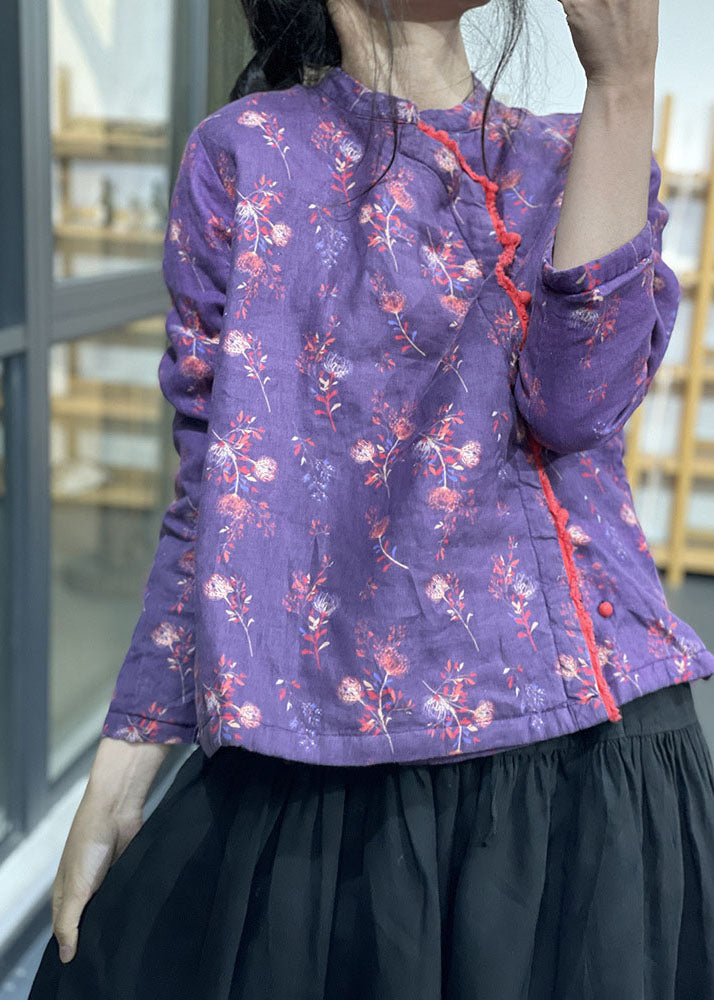 Chic Purple Stand Collar Print Fine Cotton Filled Coats Winter - Down Jackets - DYAVOR®