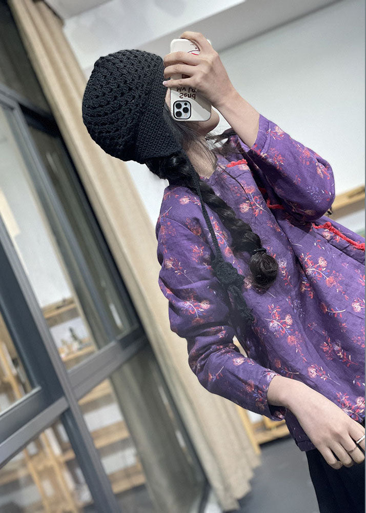 Chic Purple Stand Collar Print Fine Cotton Filled Coats Winter - Down Jackets - DYAVOR®