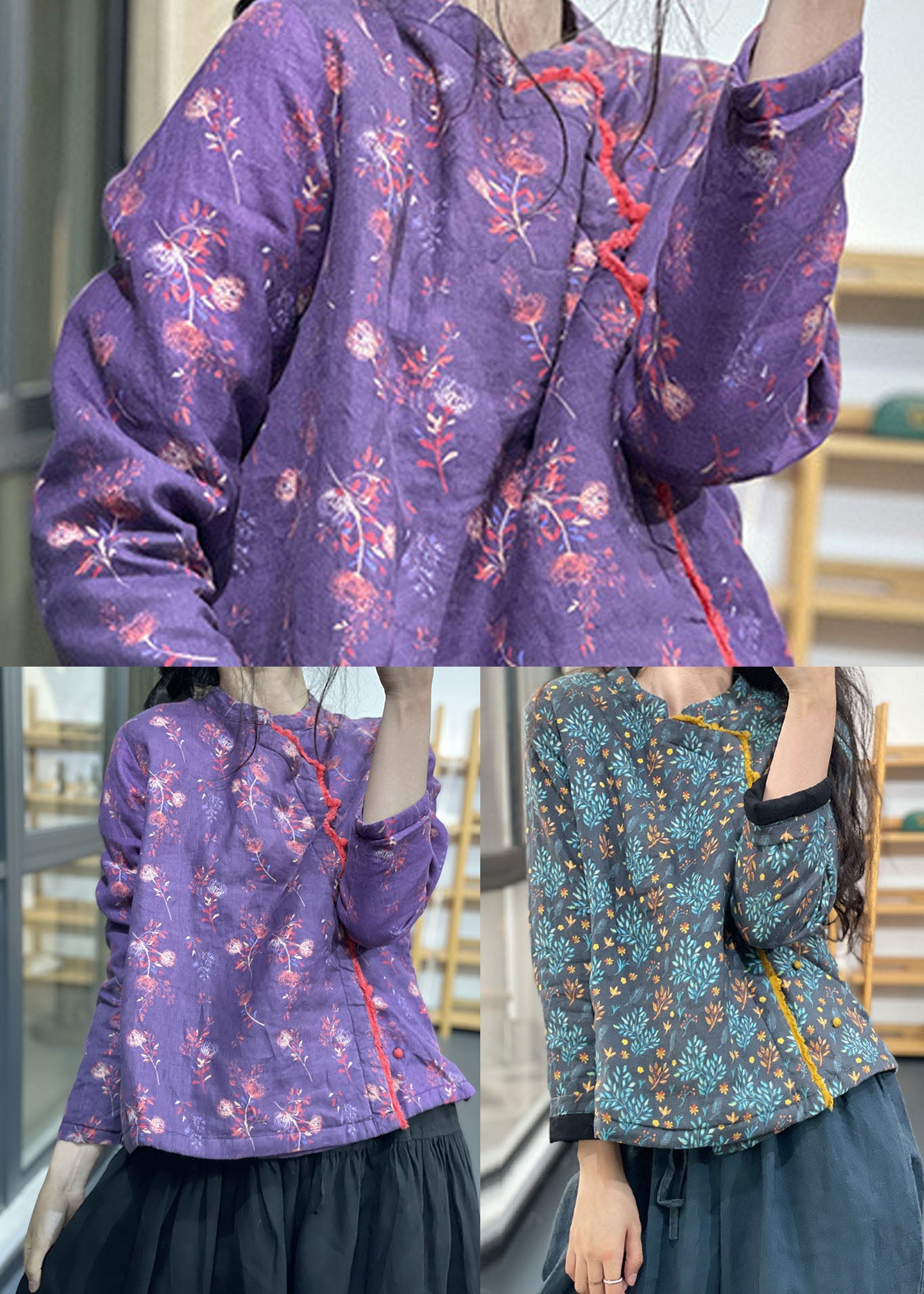 Chic Purple Stand Collar Print Fine Cotton Filled Coats Winter - Down Jackets - DYAVOR®