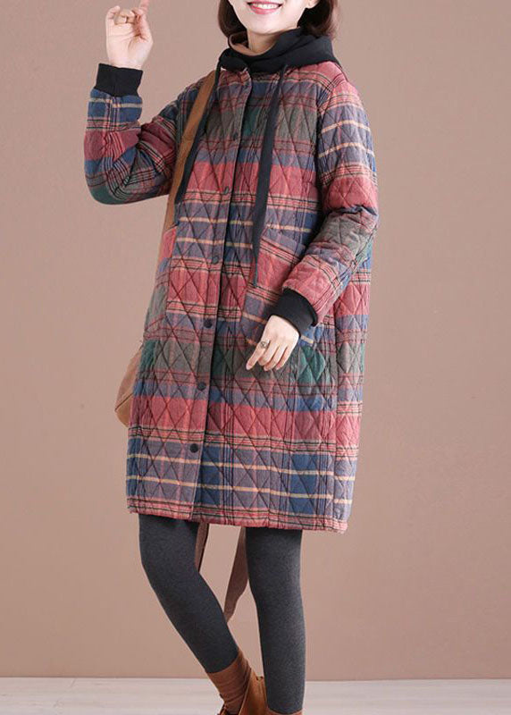 Chic Red Hooded Plaid drawstring Cotton Parkas Winter - Down Jackets - DYAVOR®