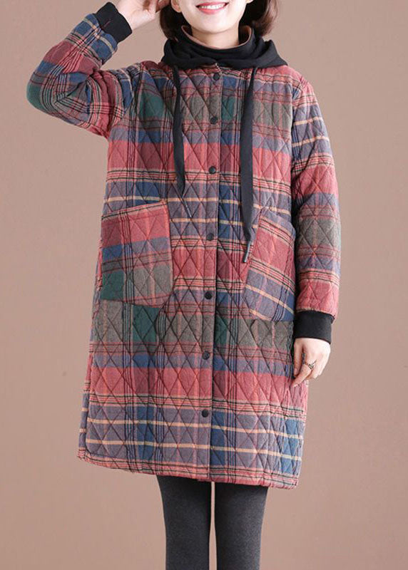 Chic Red Hooded Plaid drawstring Cotton Parkas Winter - Down Jackets - DYAVOR®