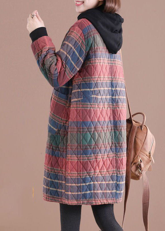 Chic Red Hooded Plaid drawstring Cotton Parkas Winter - Down Jackets - DYAVOR®
