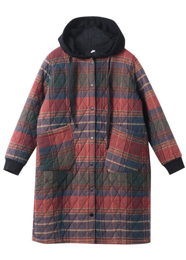 Chic Red Hooded Plaid drawstring Cotton Parkas Winter - Down Jackets - DYAVOR®