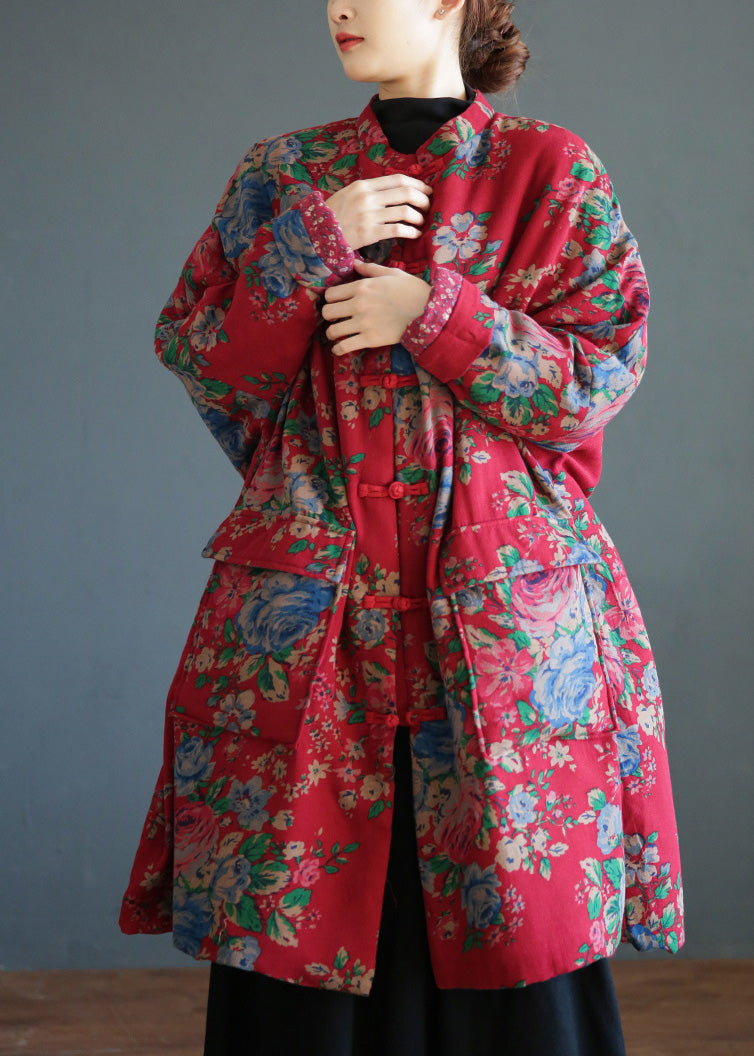 Chic Red Stand Collar Print Button Warm Fleece Cotton Parka Winter - Down Jackets - DYAVOR®