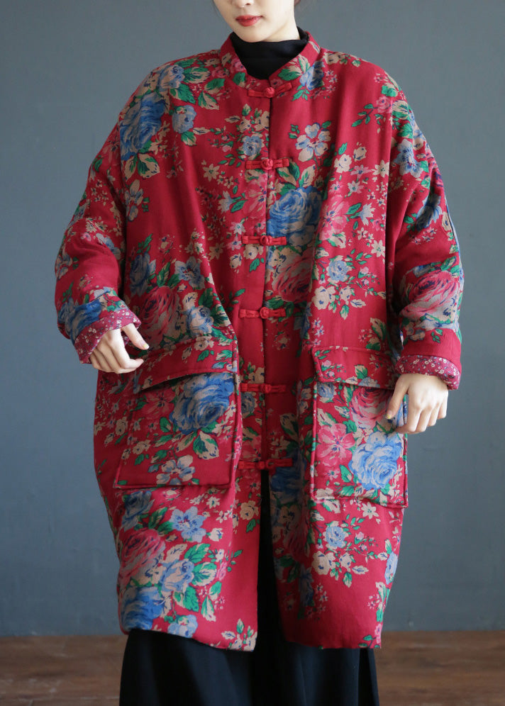 Chic Red Stand Collar Print Button Warm Fleece Cotton Parka Winter - Down Jackets - DYAVOR®
