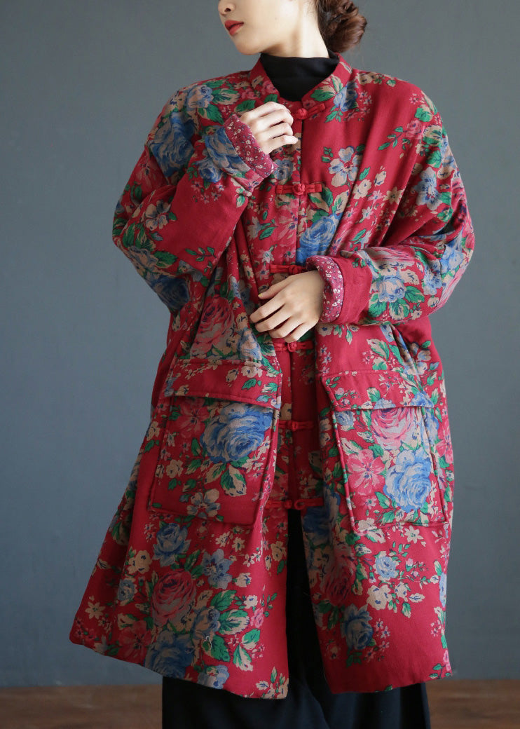 Chic Red Stand Collar Print Button Warm Fleece Cotton Parka Winter - Down Jackets - DYAVOR®