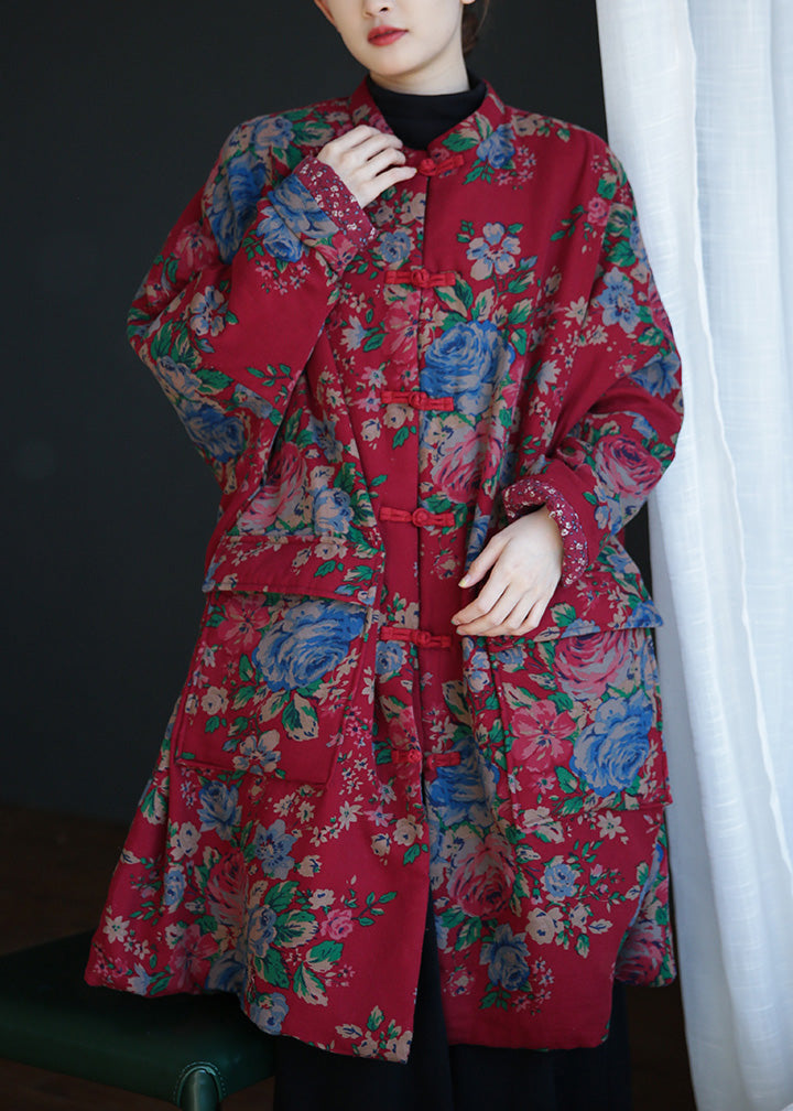 Chic Red Stand Collar Print Button Warm Fleece Cotton Parka Winter - Down Jackets - DYAVOR®