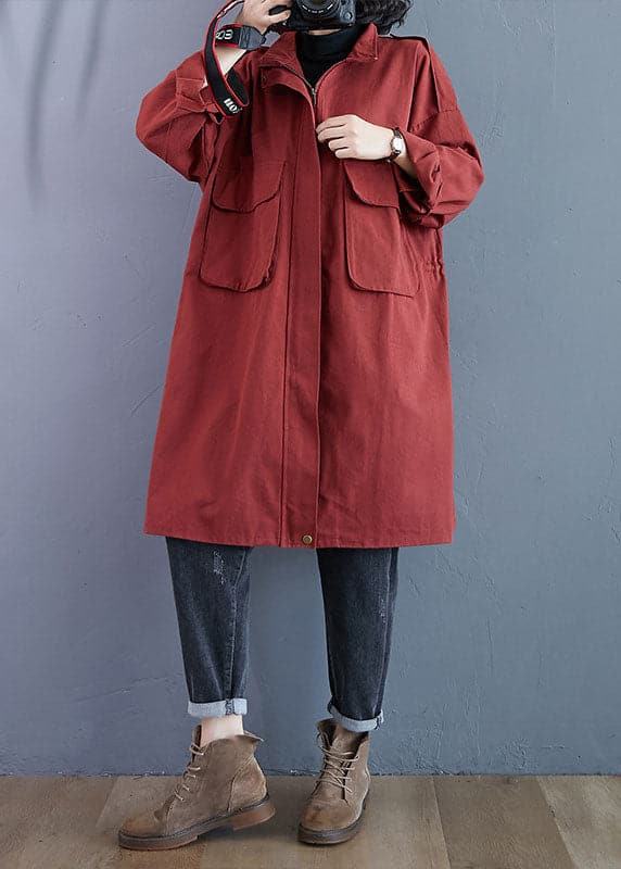 Chic Red Stand Collar Zippered Pockets Fall Long Sleeve Trench Coats - Trench coats - DYAVOR®