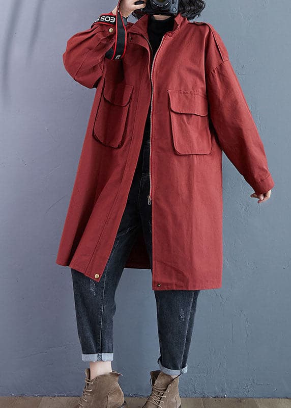 Chic Red Stand Collar Zippered Pockets Fall Long Sleeve Trench Coats - Trench coats - DYAVOR®